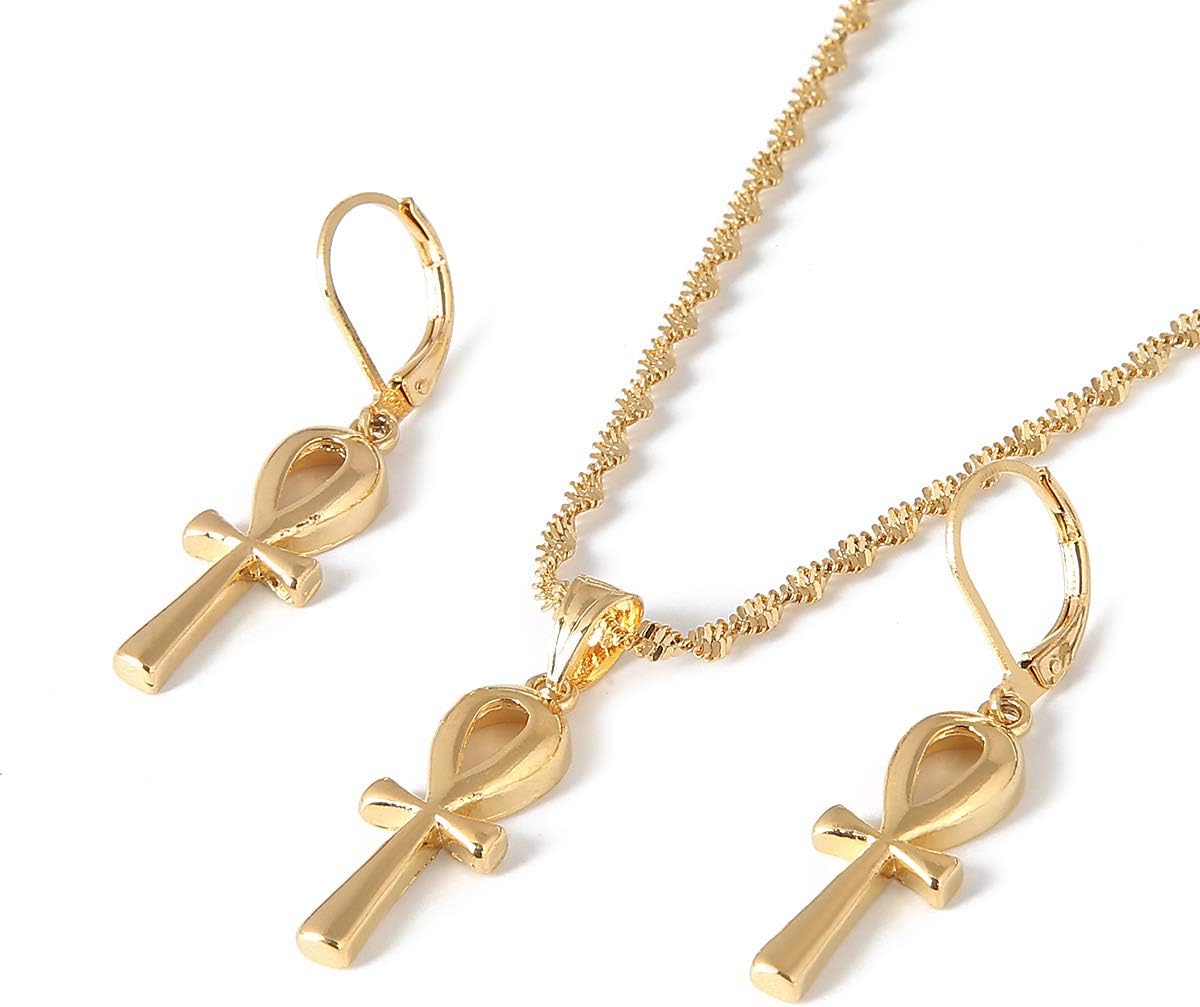 Egyptian Ankh Cross Pendant Earrings Set Woman African Charms Jewelry Girls Egypt Hieroglyphs Crux Ansata