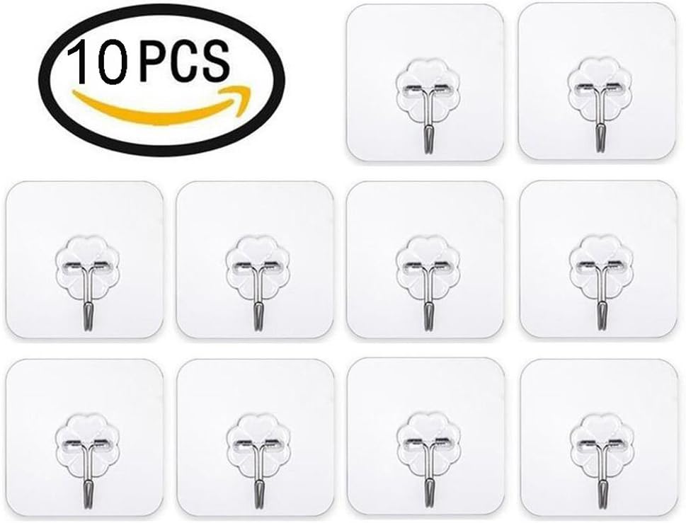 Wall Hooks(6kg/13.3lb Max),KALLOE Transparent Reusable Heavy Duty Adhesive Seamless Hooks with Solid Glue for Towel Hat Robe Clothes Loofah Keys No Scratch,Waterproof & Oilproof ,Reusable Bathroom Kitchen Wall Hook & Ceiling Hanger (10 Pack)