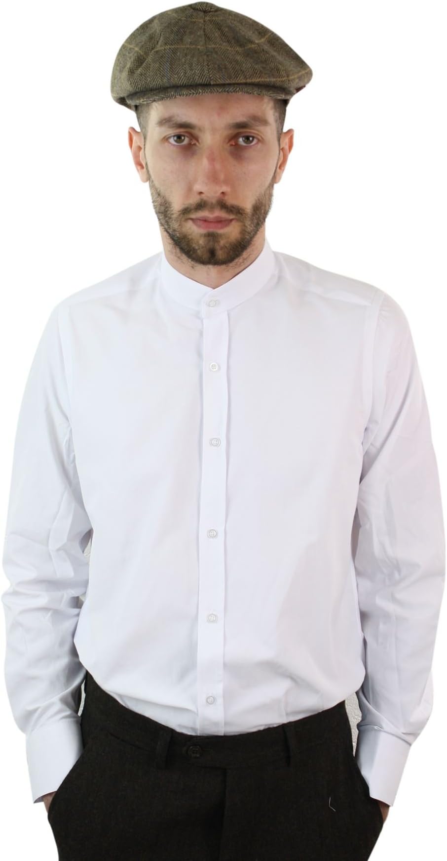 Mens Retro Peaky Blinders Removable Collar Stripe Grandad Nehru Collarless Shirt - Light-Blue, S(36"-38")