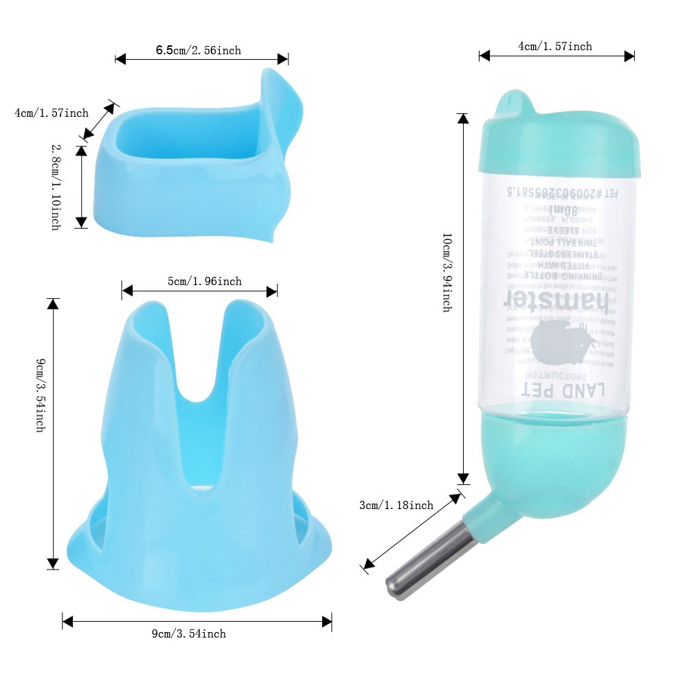 80ml Pet Water Bottle,Pet Drinking Bottle with Food Container Base Hut By Guardians for Hamsters Rats Guinea-pigs Ferrets Rabbits Small Animals Hanging Water Feeding Bottles Auto Dispenser (Blue)