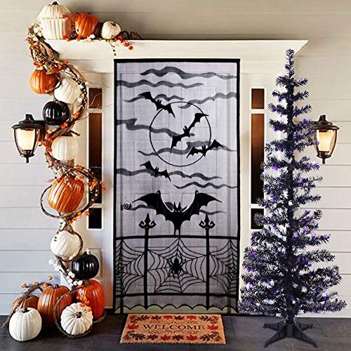 Halloween Tinsel Trees Collapsible, 5FT Artificial Christmas Tree Reusable, Pop Up Pencil Xmas Tree with Plastic Stand Outdoor Indoor for Home Decoration, Office, Party, Apartment, Fireplace-Spider