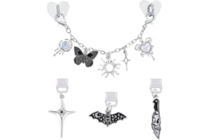 TAKEALOOKO Dust Plug Charm Chains for Kindle - 4Pcs Silver Star Moon Bat Dustplug & Phone Chain Bracelets Accessories Compatible for Kindle/E-Reader/Phones, Gift for Book Lovers Women Men