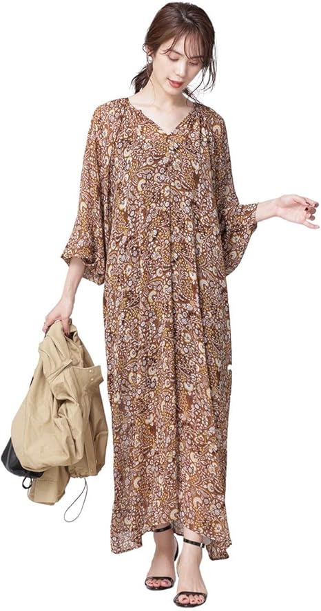 Amazon Co Jp ナノユニバース エスニック フラワープリントカフタン ワンピース レディース 36 キャメル 服 ファッション小物