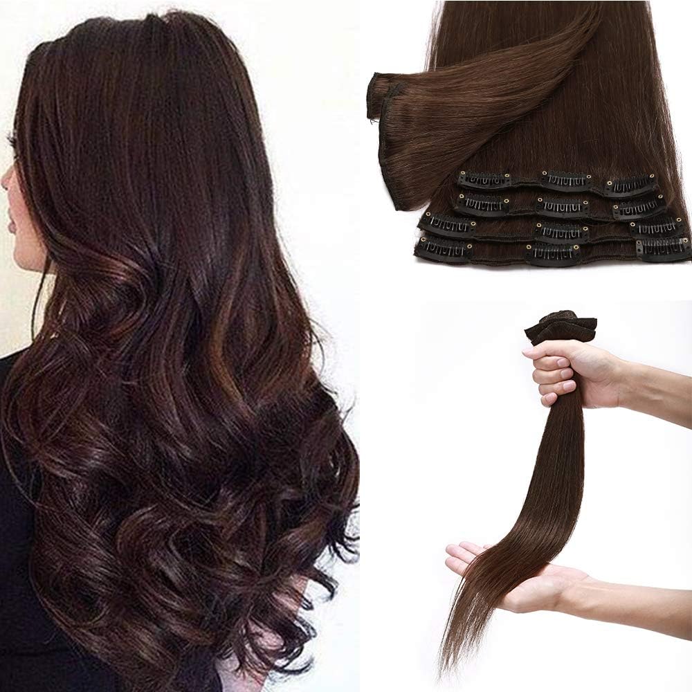 Silk-co 8 PCS Hair Extensions Clip in Hair Extensions Human Hair 100% Real Remy Straight Hair Extension -Basic Thickness-Thin Weft (20"-70g #04 Medium Brown)