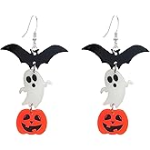 Seakuur Acrylic Halloween Earrings Spooky Ghost Pumpkin Bat Spider Web Witch Hat Dangle Earrings for Women Party Jewelry