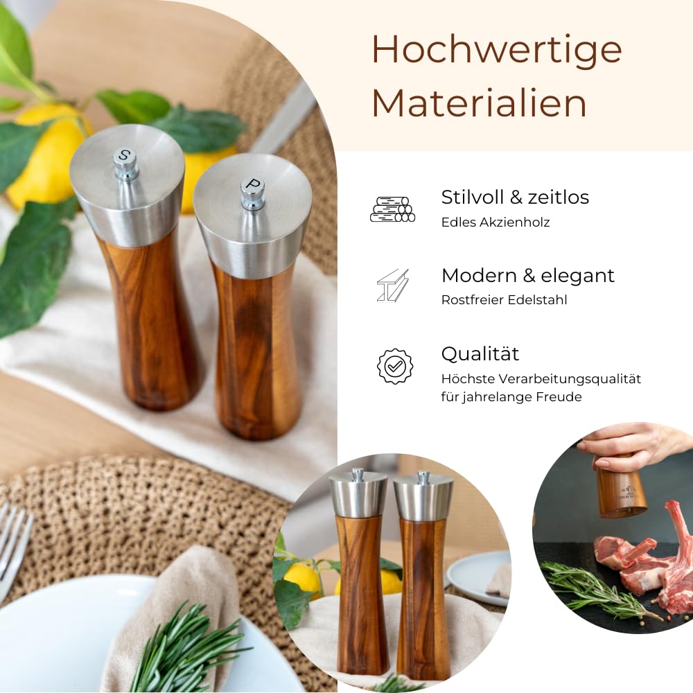 BERLIN KITCHEN® Salt'n Pepper Passion Salz- und Pfeffermühle Set | Edle Akazie & Edelstahl | GRATIS Dosierlöffel | Langlebiges Keramikmahlwerk | Stilvolles Geschenk | Stufenlos einstellbarer Mahlgrad 6