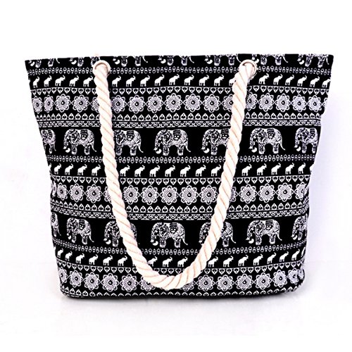 CLARA Canvas Travel Tote Bag Oversized Shoulder Bag Summer Large Beach Bag Shopping Bag with Zipper and Cotton Rope Handles(Ethnic Style Elephant)