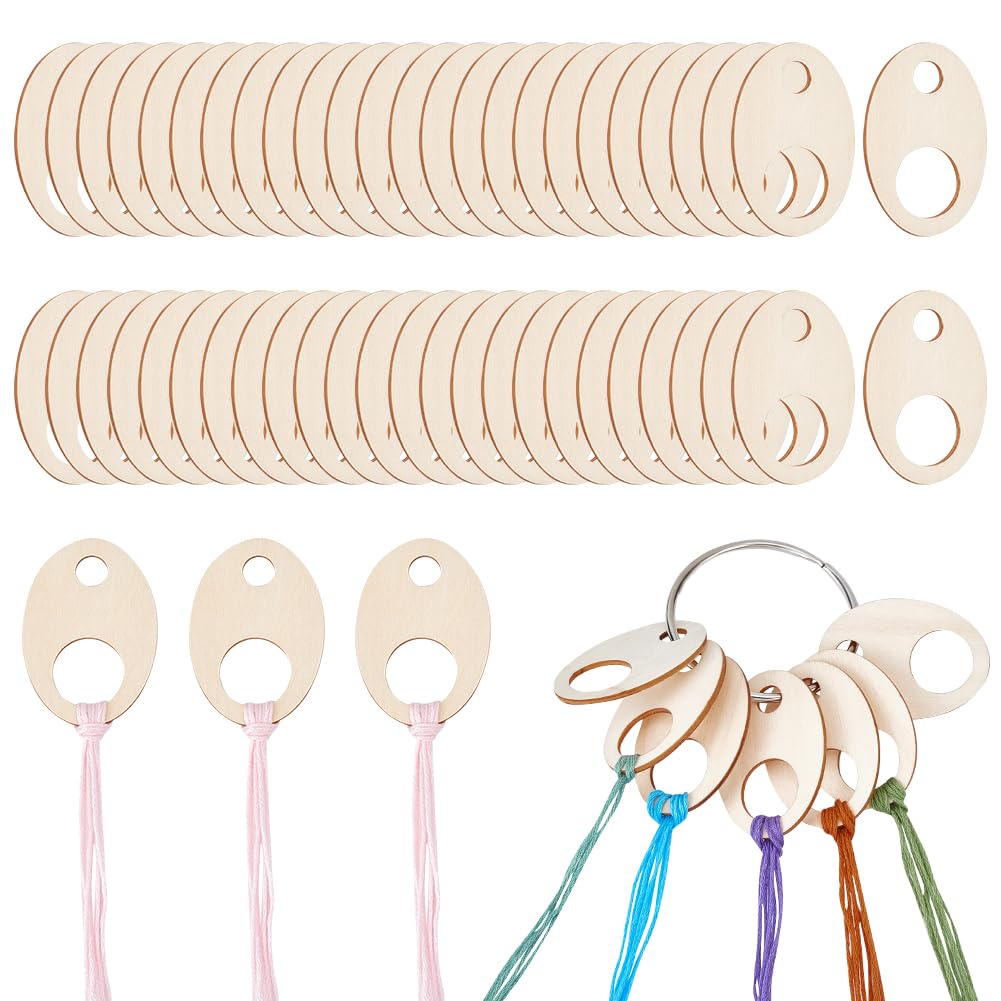 BENECREAT 100pcs Oval Wood Thread Drops, 50x35mm Wood Cross Stitch Thread Organization with Floss Ring for Craft DIY Sewing Storage, 2mm Thick