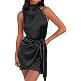 ZESICA Women's 2026 Fashion Satin Sleeveless Halter Neck Tie Waist Wrap Bodycon Cocktail Party Mini Dress