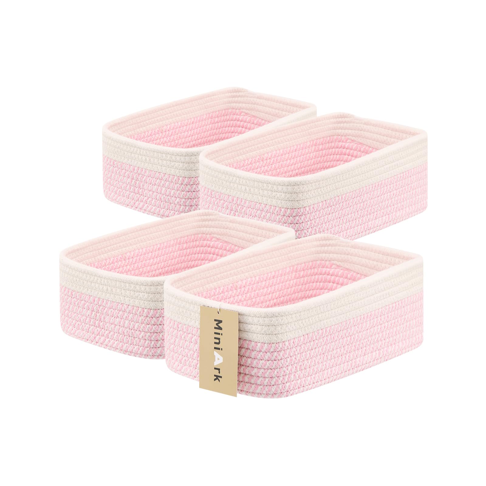 MiniArk Small Storage Baskets for Organizing | Closet Organizer Bins | Shelf Toy Basket | Woven Rope Baskets | Cube Decorative Box | Shallow Basket | 11.5x7.5x4.7” | 4 Packs White Pink Image