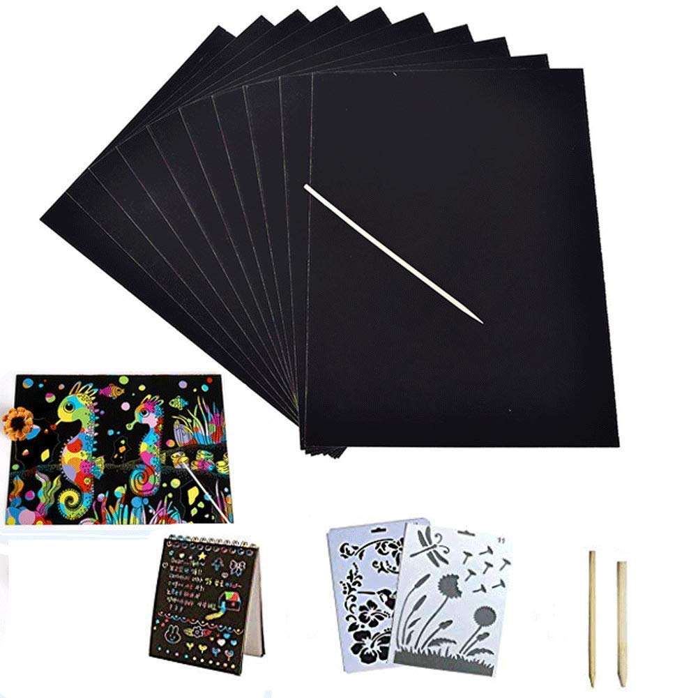 Scratch Art Rainbow, Scratch and Sketch Art Papers Magic Painting Papers with Wooden Stylus & Rulers Stylus Makes Art Fun for Kids, 62 PCS