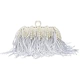Miuco Ostrich Feather Pearl Clutch Purses For Women Wedding Party Evening Dress Bag Shoulder Bag