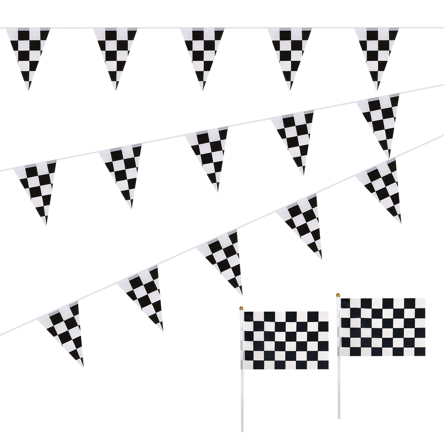 1 Black And White Checkered Banner With 2 Black And White Checkered Hand Flag, Formula Racing Pennants, Competition Theme Party Decoration, Suitable For Parties, Bars, Karaoke, Horse Racing