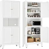 YAUWOH 69" Tall Metal Kitchen Pantry Cabinet with Microwave Shelf, 4 Doors &amp; 3 Adjustable Shelves, Heavy Duty Food Storage Cabinet with Anti-Tip Design for Kitchen,Dining Room (1PC,White)