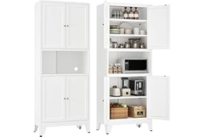 YAUWOH 69''Metal Pantry Storage Cabinet with 4 Doors & 3 Adjustable Shelves,Kitchen Pantry Cabinet with Microwave Shelf,Microwave Stand with Storage for Kicthen,Dining Room,Bathroom White