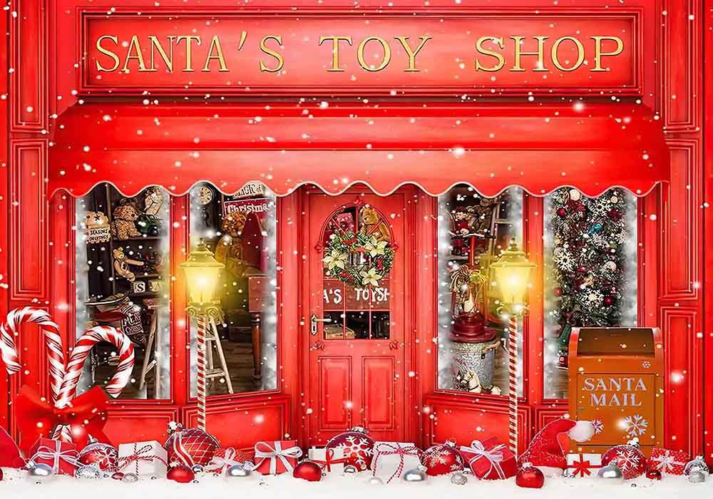 Haosphoto Santa's Toy Shop Backdrop for Photography 7X5FT Heavy Snow Backdrops Candy Cane Gifts Snowflakes Xmas Background for Kids Merry Christmas and Happy New Year Photo Studio Props Vinyl HS903