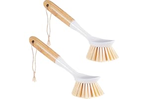 TEZZ Kitchen Dish & Cast Iron Brush with Scraper, [2 Pack] Skillet Scrub Cleaner with Handle, Kitchen Cleaning Scrubber for Dishes, Pots, Cast Iron Skillet, Non-Stick Frying Pans, Sinks and House Cleaning