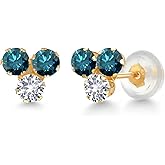 Gem Stone King 14K Yellow Gold Gemstone Birthstone and White Created sapphire Trio 3-Stone Stud Earrings for Women | 3MM Round | Fine Jewelry for Her Mom Women Wife