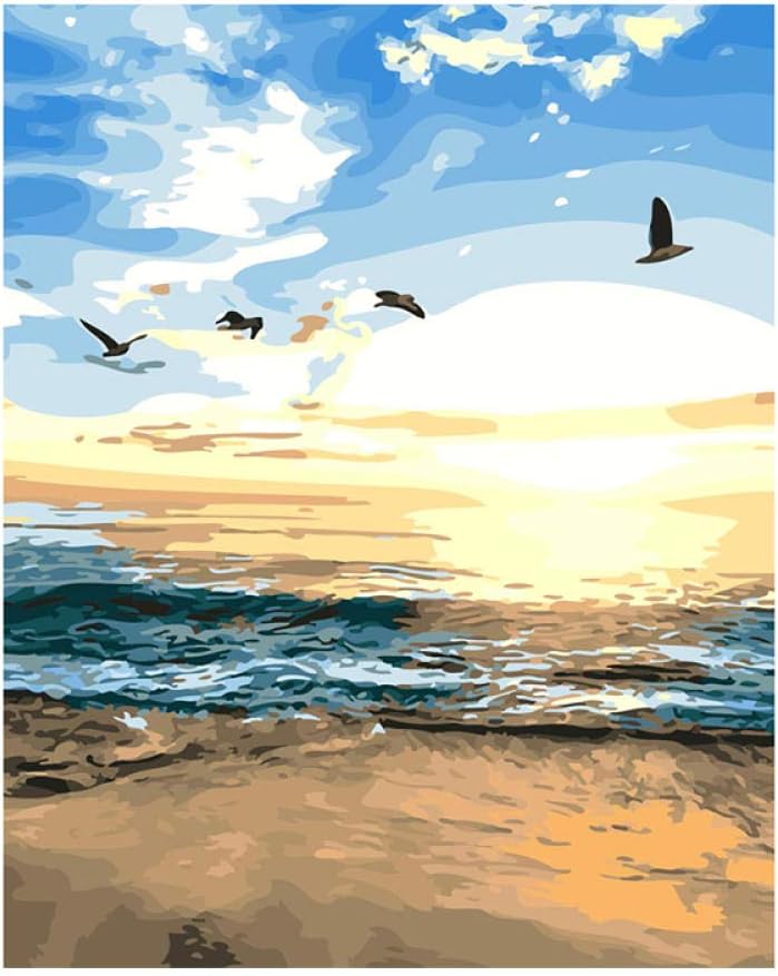 XIHAHAHA Paint By Numbers For Adults And Kids Beach Ocean Diy Oil Painting By Number Kit Pre-Printed Canvas Art Home Decoration 16*20 Inch (Without Framed)