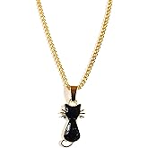 BOOT JEWELRY SHOP Cute Black Cat Pendant Necklace Enamel Charm Gold Plated Chain 18 Inch Kitten Feline Cat Lovers Gift Boxed
