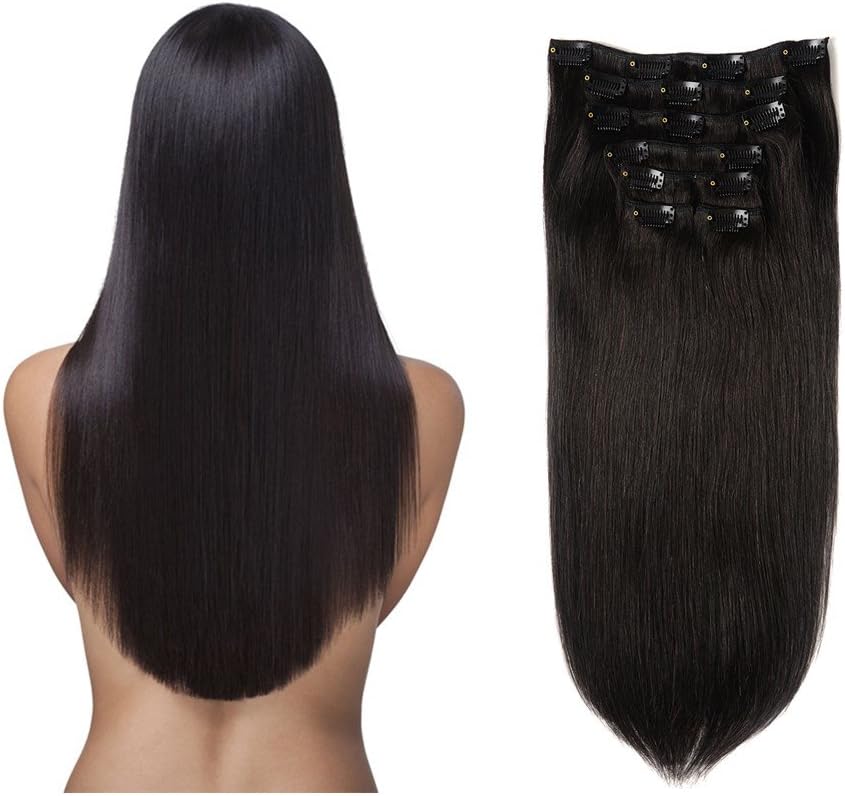 Lovbite Hair Clip in Hair Extensions Brazilian Human Hair Double Weft 16" Virgin Hair Clip on Extesnions Grade 8A 7Pieces/Lot 100g 16Clips (16"-80g Jet Black #1)