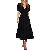 R.Vivimos Summer Dress for Women Cotton Ruffle Short Sleeves V Neck Casual Flowy Midi Dress with Belt