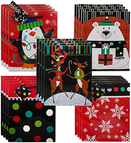 Gifts Plus (Set of 20) Medium Holiday Gift Bags With Rope Handles Name Tags, Christmas Men Women Kids
