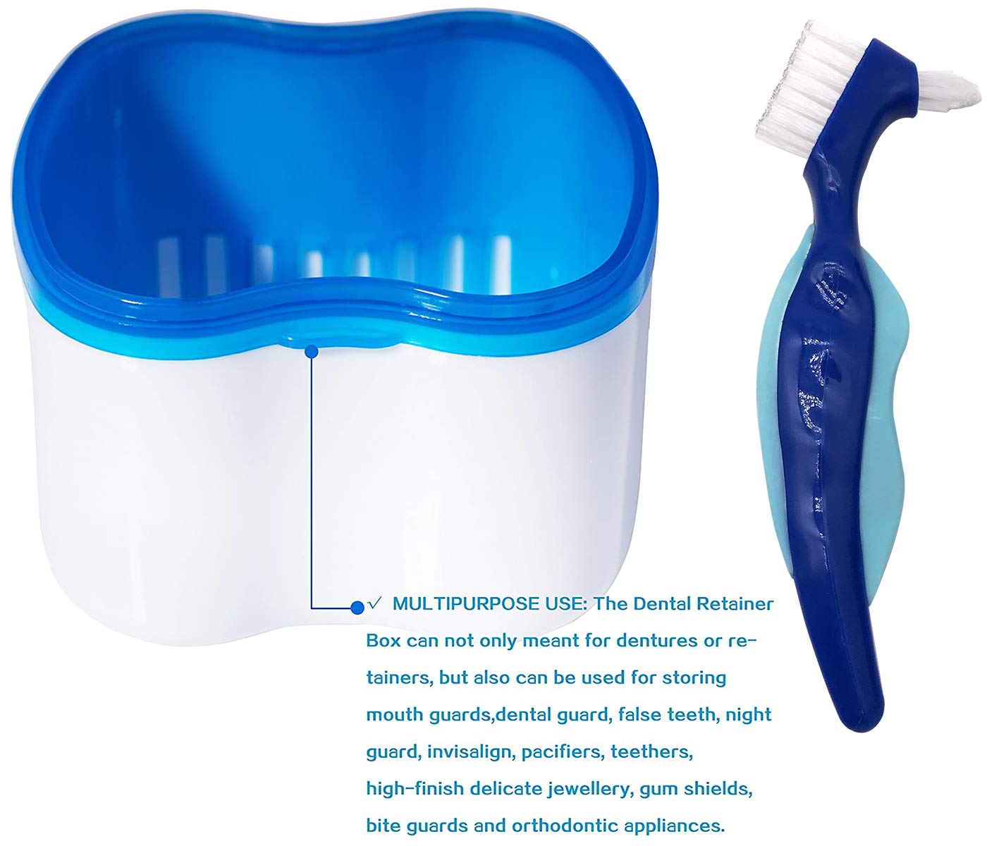 Denture Case, Denture Cups Bath, Toothbrush with hard denture, Dentures Container with Basket Denture Holder for Travel, Mouth Guard Night Gum Retainer Container (Blue) : Beauty