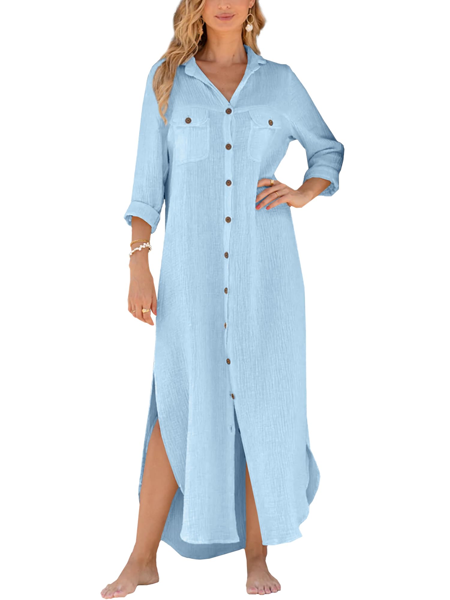 Photo 1 of Breezy Lane Beach Cover Up for Women Long Cotton Shirt Dress Swimsuit Coverup for Vacation