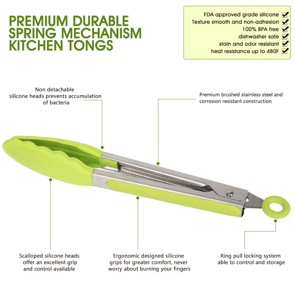 Singular point Kitchen Tongs,Heavy Duty Non-Stick Stainless Steel Food Tongs Set with FDA Grade Silicone Tips Ring Pull Locking System Serve for Salad,BBQ,Baking set of 2 pcs (Green)