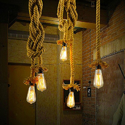 Lampada A Sospensione Vintage In Corda Di Canapa, Doppia Testa, Lunghezza 200 Cm. Stile Rustico Per Soggiorno, Bar O Locali. Portalampada E27 (lampadina Esclusa).