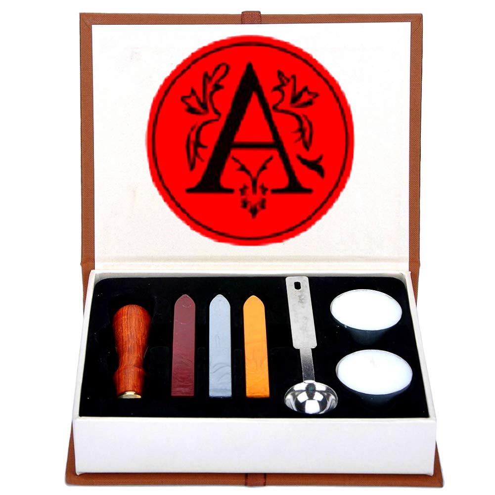Letter A Wax Seal Stamp Set, ANBOSE Alphabet A Letters Wax Sealing Stamp Kit Including 1Pcs Wooden Handle Copper Seal, 3Pcs Wax Seal Sticks, 1Pcs Melting Spoon and 2Pcs White Candles (Letter-A)