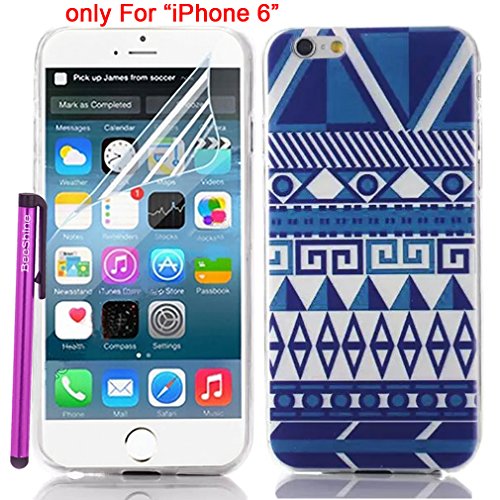 BeeShine iPhone 6 Case, Retail Package [Blue Aztec Tribe Style] Slim-fit [Thin TPU Gel] Rubber Skin Case Soft Cover W/ LCD Film Screen Protector & Touch Stylus Pen For Apple iPhone 6 (4.7-inch)