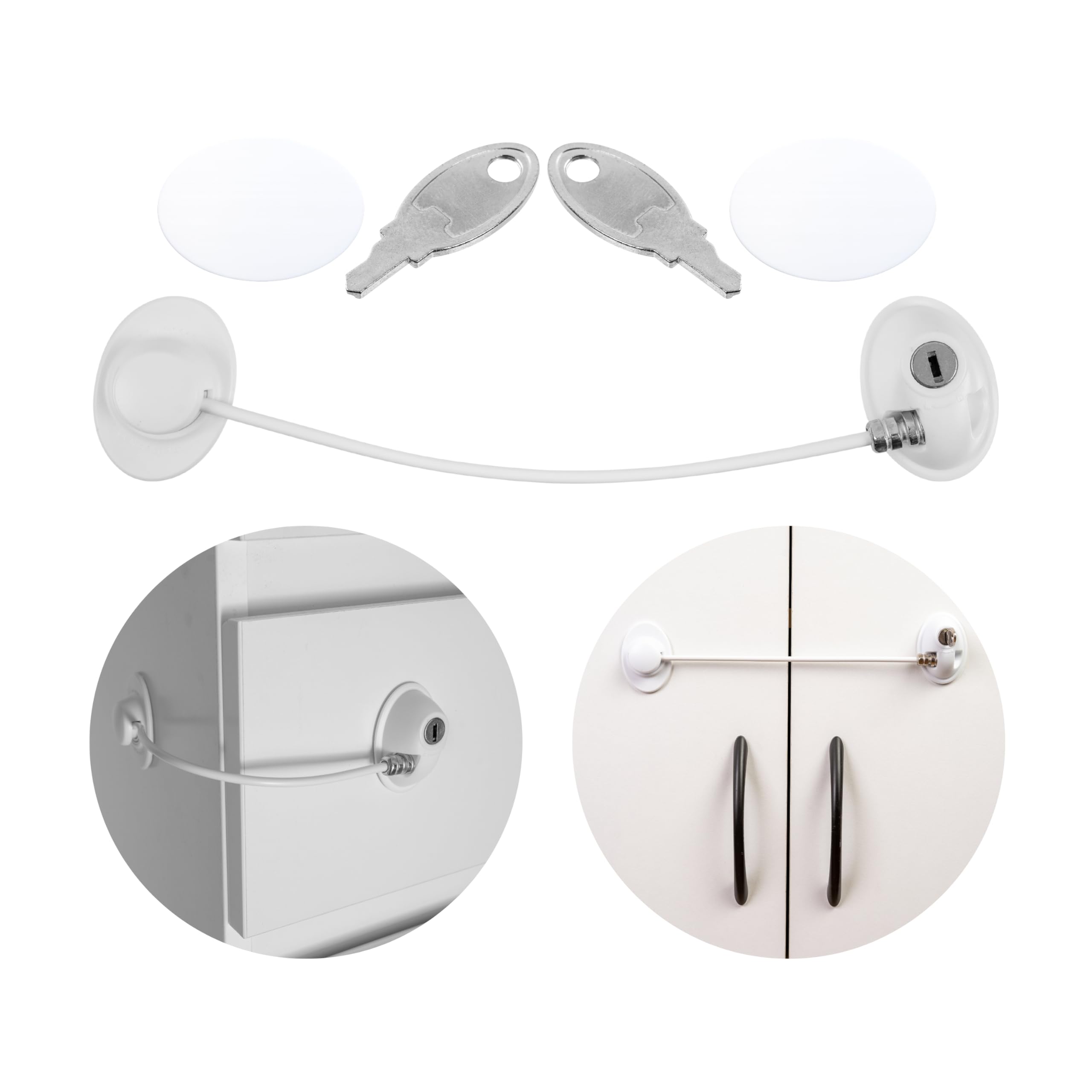 Safety Door Locks with 2 Keys for Cupboard, Cabinets, Fridge & Freezers, Child Security Locks, Childproof Your House, with Adhesive, Residue-Free, White
