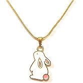 BOOT JEWELRY SHOP Adorable Rabbit Enamel Pendant Necklace Chain Gold Plated Snake Link 18 Inch White Bunny Gift Boxed