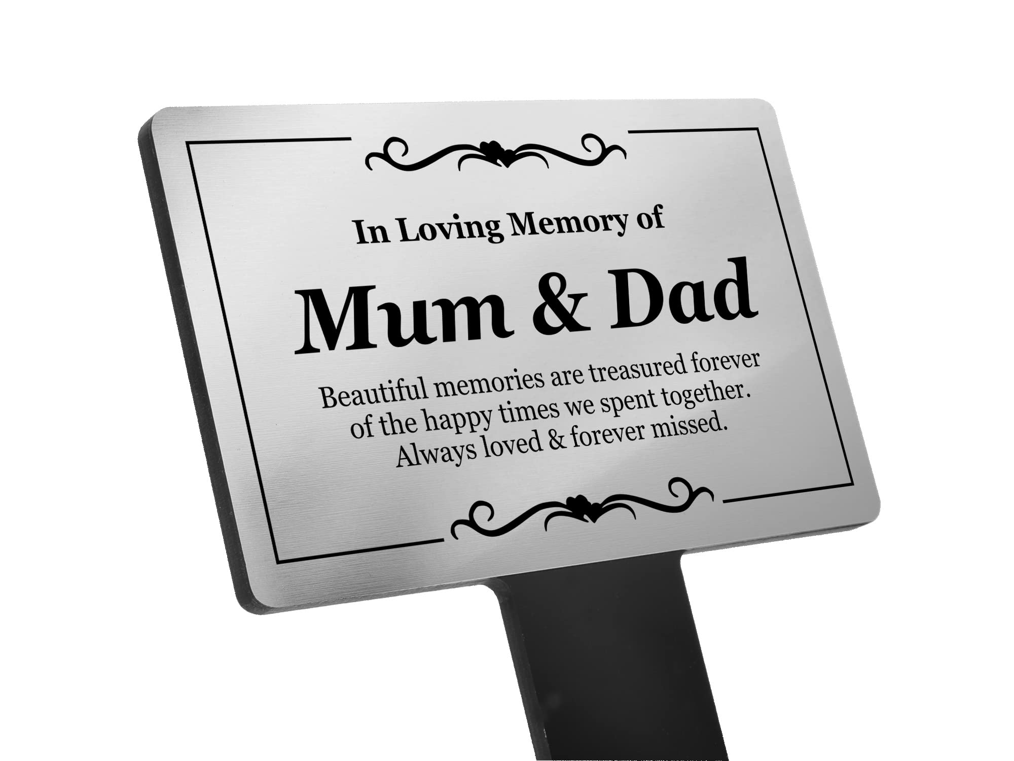 In Loving Memory Mum & Dad Memorial Stake - Brushed Aluminium Plaque on Acrylic Stake for Garden, Grave Decoration, or Temporary Grave Marker
