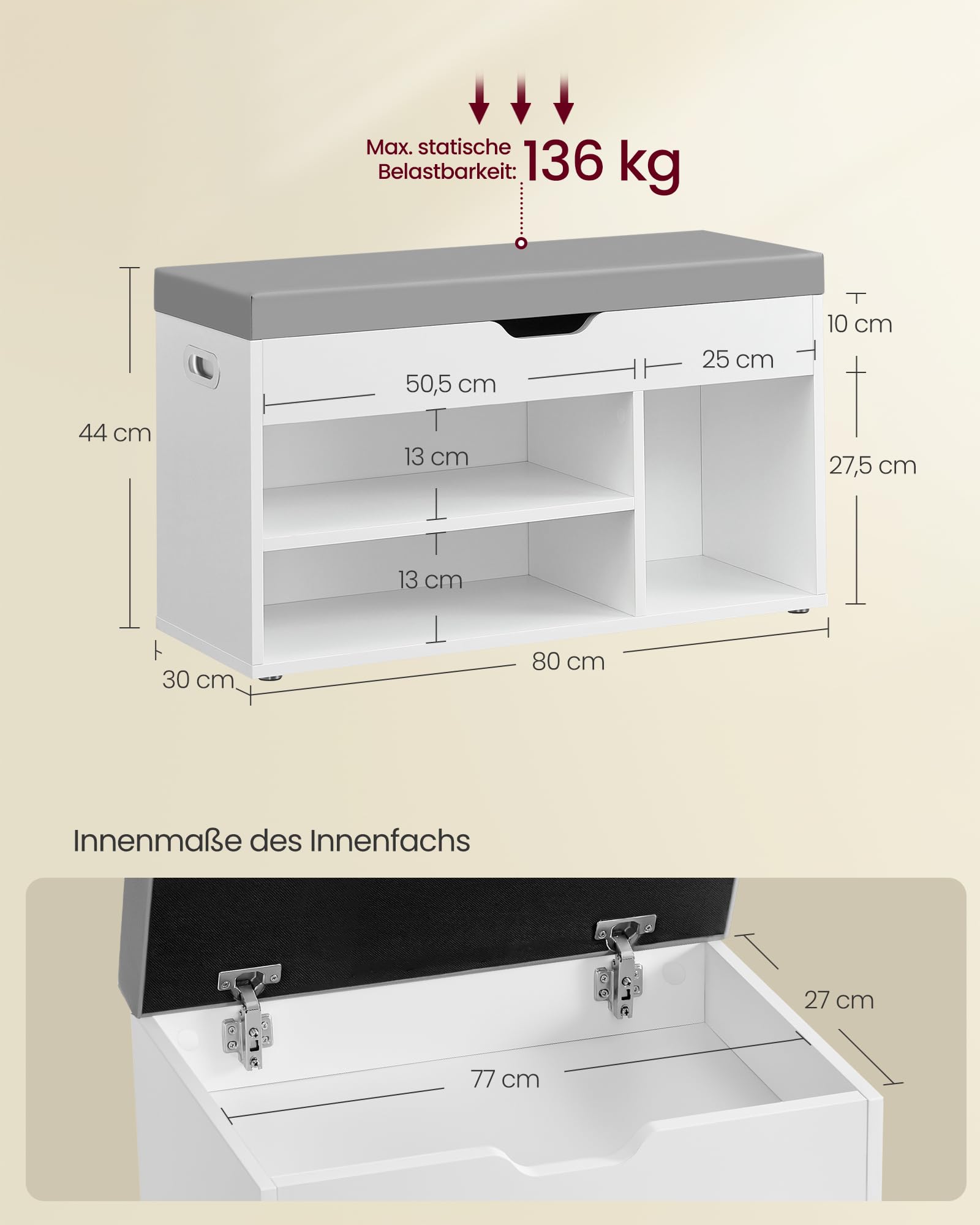 VASAGLE Schuhbank mit Sitzfläche, Sitzbank mit Stauraum, gepolstert, Fach unter Sitzkissen, Schuhregal Wohnzimmer, Flur, bis 136 kg belastbar, 30 x 80 x 44 cm, wolkenweiß-Taubengrau LHS030W01 3