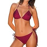 CUPSHE Women's Bikini Sets Two Piece Swimsuit V Neck Halter Back Self Tie Low Rise Bathing Suit