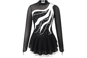 TSSOE Kids Girls Long Sleeve Sequins Printing Ice Roller Figure Skating Dress Illusion Ballet Dancewear