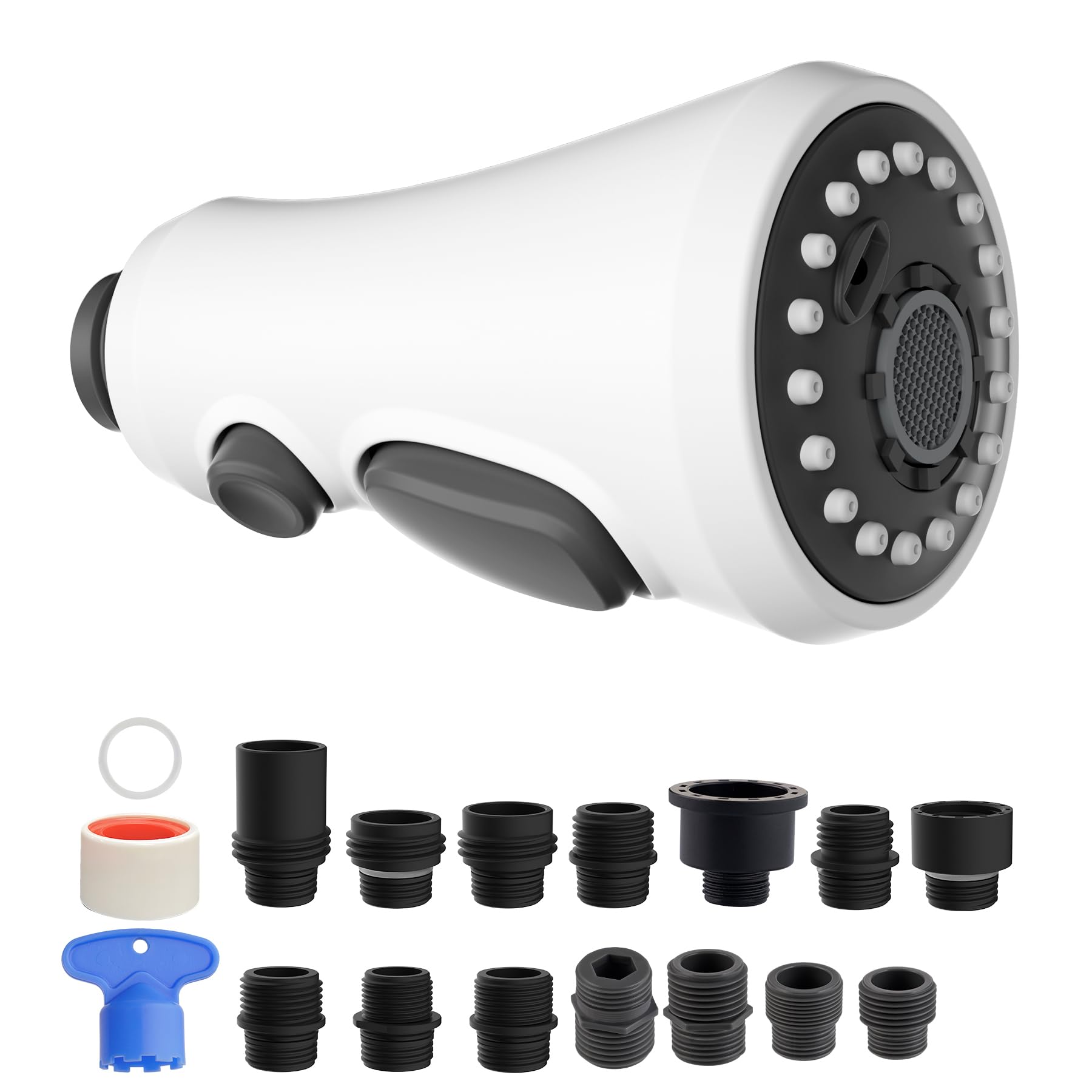 Photo 1 of Hibbent Pull Down Spray Head for Kitchen Faucet, NSF/ANSI/CAN 61 & CUPC Certified 3-Function Spray Nozzle, 14 Adapters, Sink Faucet Head Replacement Compatible with Moen, Delta, Kohler, White