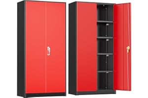 Greenvelly Metal Garage Storage Cabinet with Doors and Shelves,72" Steel Locking Garage Storage Cabinet,Metal Office Storage Cabinet for Home,School,Garage(Black Red 36" W x18 D)