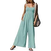 Fisoew Womens Summer Jumpsuits One Piece Casual Loose Overalls Spaghetti Strap Wide Leg Rompers with Pockets Workout Outfits