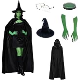 Green Witch Costume Set for Women, 5 PCS Halloween Cosplay Outfit with Black Pointed Hat, Velvet Cape, Round Glasses, Green Claw Gloves, GreenPaint for Adult Costume Parties, Stage Cosplay Events