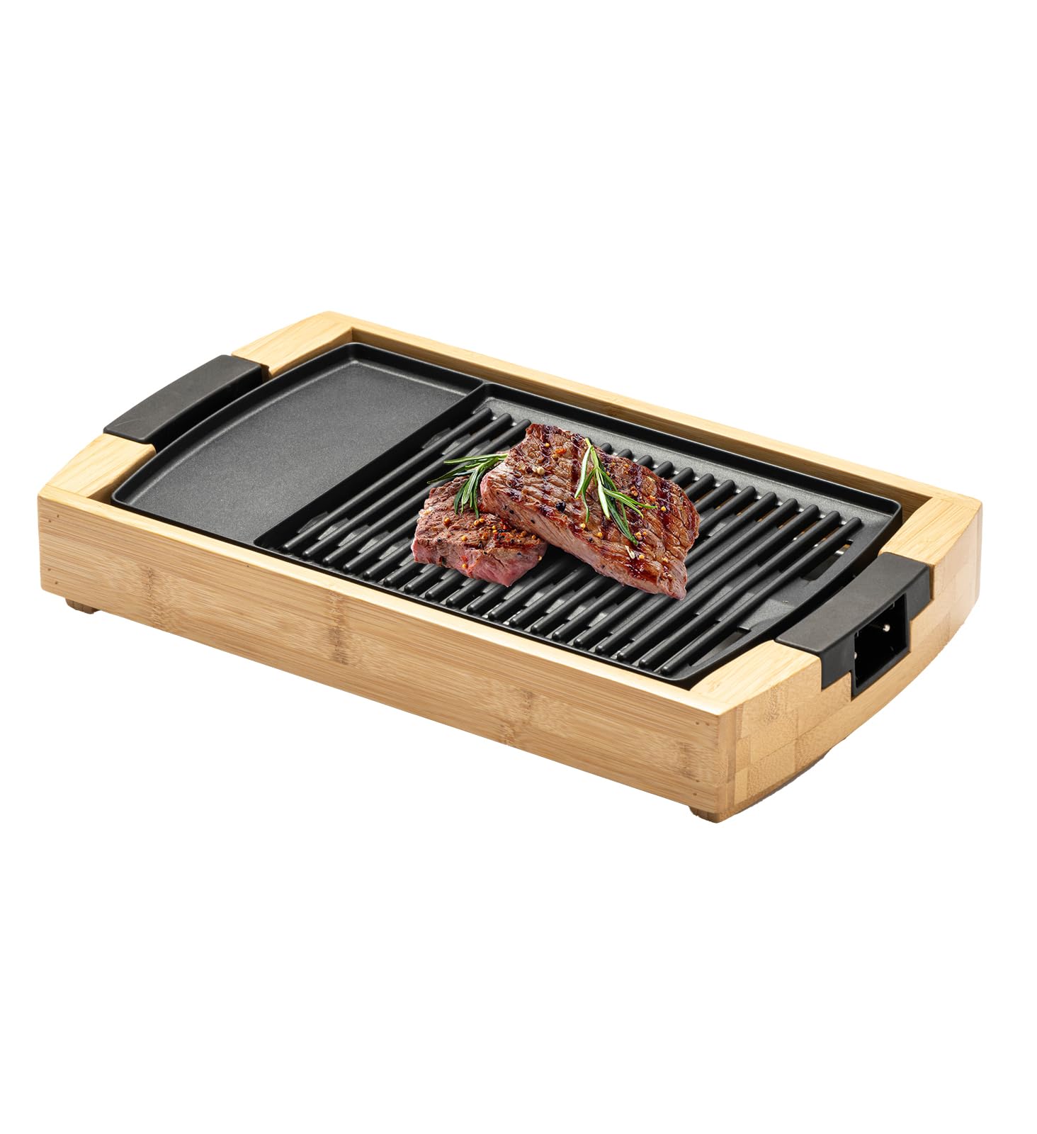 SOLEMOOD ホットプレート 焼肉プレート 1200W 高火力 減煙 油減らし 加熱迅速 無階段調節 「美味しく焼ける秘訣」コンパクトプレート 一人暮らし 二人暮らし グリル鍋 魚焼き 焼き鳥 洗いやすい 油受け皿付き 竹製 木目調 高級 おしゃれ ギフト 木目調-トングなし