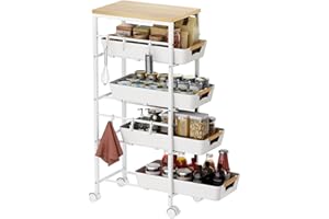 Landmok 5-Tier Slim Storage Cart, Wooden Top Rolling Kitchen Cart with Pull-Out Baskets & Wheels, Narrow Space Utility Cart Slide Out Organizer for Kitchen, Bathroom, Laundry Room, White