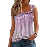 Summer Tank Tops for Women Pleated Square Neck O Ring Shoulder Sleeveless Shirts Casual Loose Fit Trendy Blouses