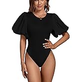 LYANER Women's Casual Round Neck Puff Short Sleeve Leotard Bodysuits Tops