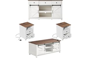 LUXOAK 4 Pieces Farmhouse Living Room Table Sets - Includes 59" Sliding Barn Door TV Stand for 65 in TV, End Table Set of 2 with Charging Station, Rustic Coffee Table with Storage, White + Barnwood