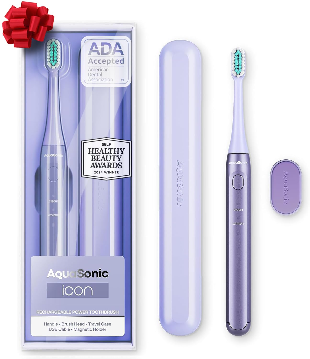 Photo 1 of Aquasonic Icon ADA-Accepted Rechargeable Toothbrush | Magnetic Holder & Slim Travel Case | 2 Brushing Modes & Smart Timers | Gentle Micro-Vibrations (Lilac)