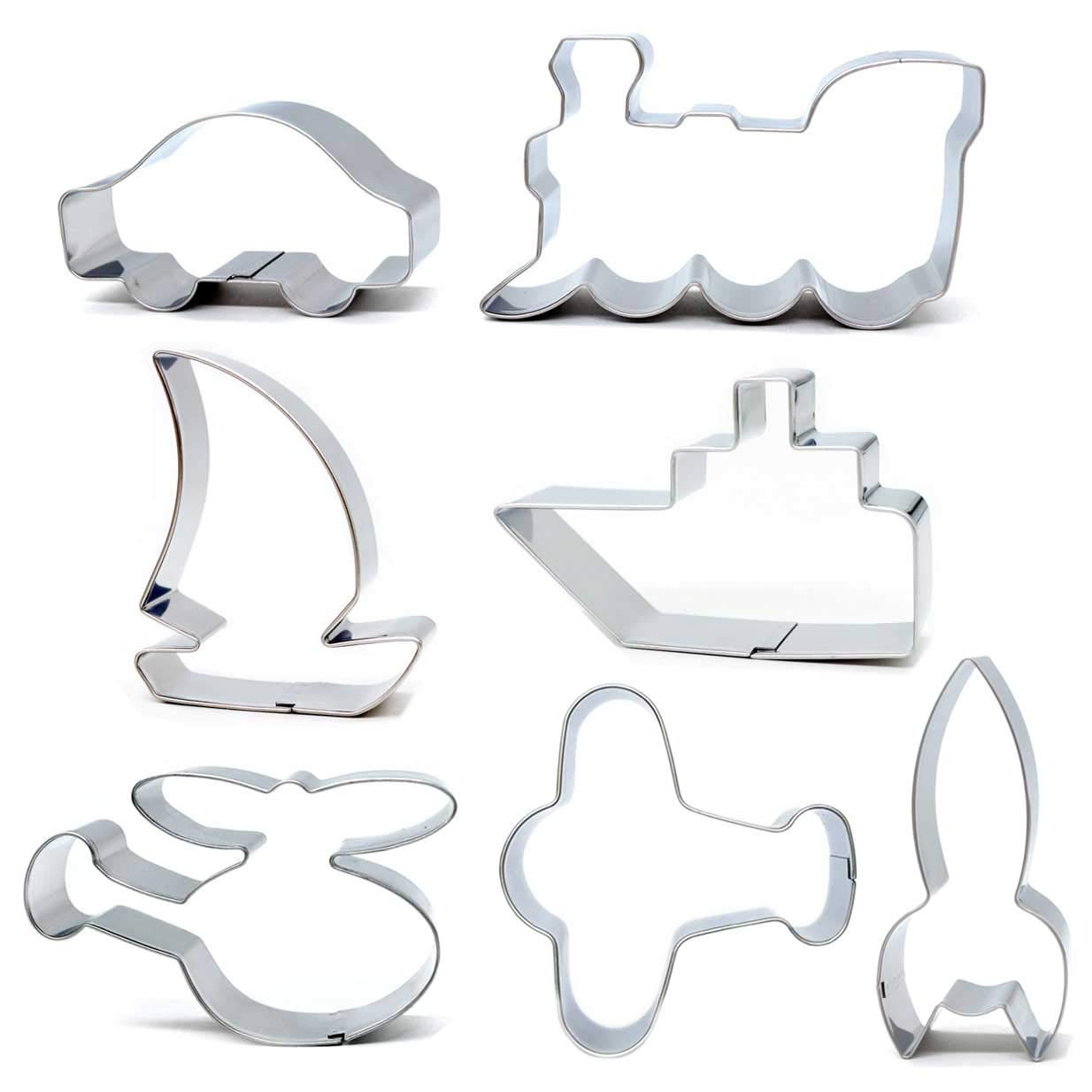 Transport Cookie Cutter Set, 7pcs Train, Car, Airplane, Rocket, Boat, Sandwich Cutter - Stainless Steel